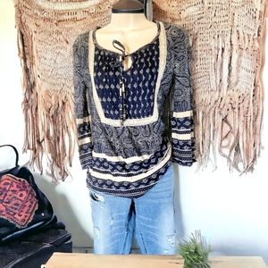Vintage America Bohemian blue paisley roll tab sleeve blouse size xs